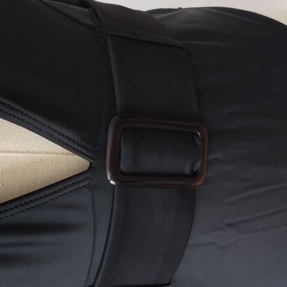 NWOT Black one piece swimsuit, plunge neckline, belted waistline, high on hip - Picture 2 of 12